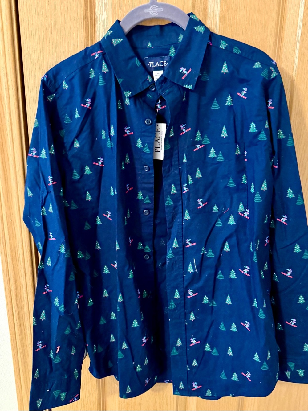 Place Navy Button-Down Shirt with Ski and Tree Print